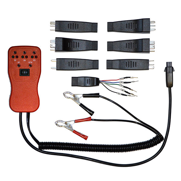 An image showing the CAL 76 Relay Circuit Pro tool with various components such as relay leads, a universal relay lead, and connectors laid out on a white background.